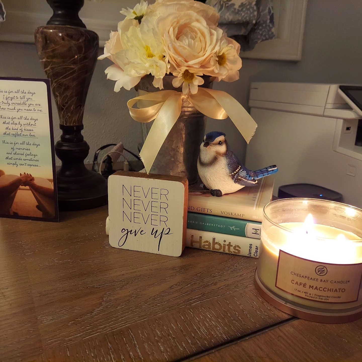 Life's been hard lately,  so one of the things I do is  surround myself with beautiful things.Right now, I'm listening to Paul Cardall (the same soft instrumental playing with this picture) on Spotify with these things just off to my right.  The candle is Café Macchiato. So, in this little space,  I'm engaging for of my senses in a way that is calming.  For some reason,  I thought this would be fun to share.